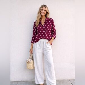 NWT FRAGONARD Cotton Linen Button Down Burgundy Printed Button Down Shirt Sz S